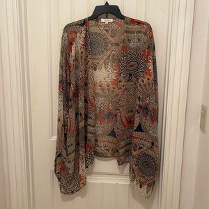 Umgee Kimono Duster Semi Sheer Top Open Front feather& geometric Print women 1XL